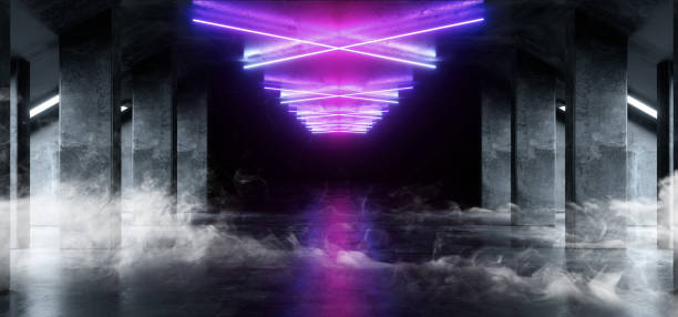 istock Smoke Neon Blue Purple Glowing X Shaped Sci Fi Futuristic Virtual Spaceship Abstract Triangle Fluorescent Glossy Metal Concrete Grunge Dark Empty Cinematic Corridor Room Hallway Entrance 3D Rendering 1149337343