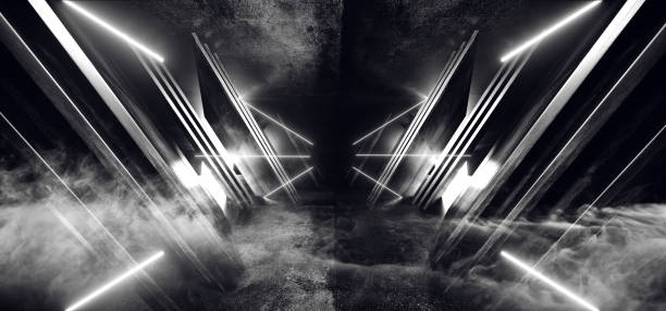 istock Smoke Fog Neon White Glowing Sci Fi Futuristic Virtual Spaceship Abstract Triangle Glossy Metal Concrete Grunge Dark Empty Cinematic Corridor Room Hallway Entrance 3D Rendering 1149337441