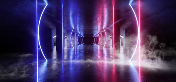 istock Smoke Circle Neon Blue Purple Glowing Triangle Sci Fi Futuristic Virtual Spaceship Abstract Triangle Glossy Metal Concrete Grunge Dark Empty Cinematic Corridor Room Hallway Entrance 3D Rendering 1149338656