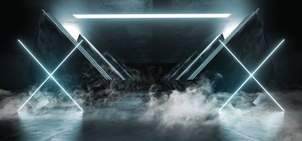 istock Smoke Neon Blue Glowing Triangle Sci Fi Futuristic Virtual Spaceship Abstract Triangle Glossy Metal Concrete Grunge Dark Empty Cinematic Corridor Room Hallway Entrance 3D Rendering 1149338772
