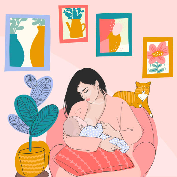 мать и ребенок и оранжевый кот - baby1 stock illustrations