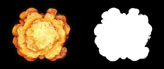 Top view explosion with with smoke.  Ideal for compose with another image. Clipping path and alpha channel included.