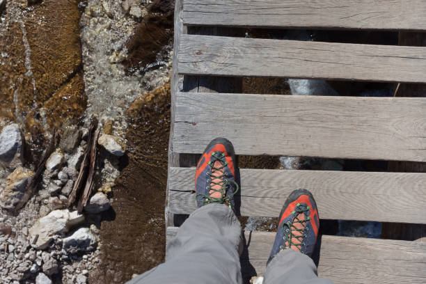 istock a trekker walking long a wooden bridge 1149342722