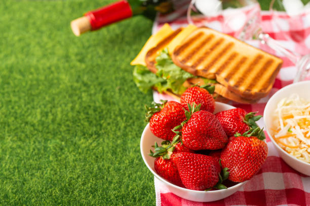 Flat lay. Picnic on the lawn with a veil, red wine with glasses, sandwiches, strawberries, and fresh salad, healthy and tasty food, The concept of a picnic, summer and rest