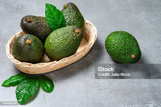 Avocado In Basket Of Straw With Leaves On Gray Background Stock Photo -  Download Image Now - iStock
