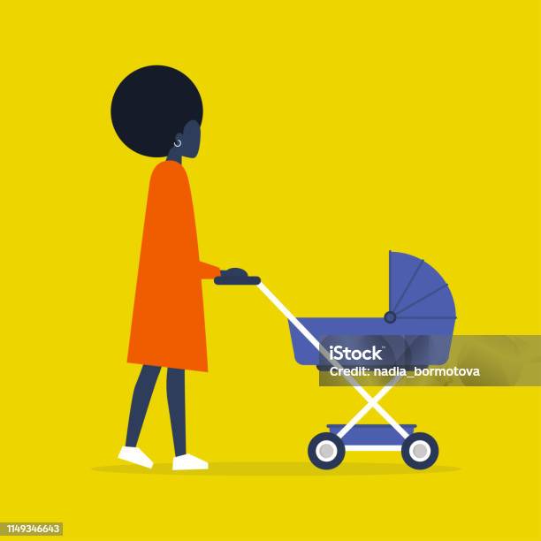 Baby Carriage Pram Young Black Female Character Walking With A Stroller