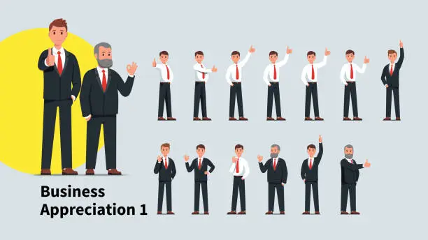 Vector illustration of Young & senior business men showing thumb up gesture and OK sign set. Successful business people characters standing gesturing businessman showing positive feedback. Flat vector illustration collection