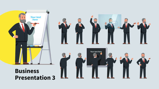 Professional looking business teacher man giving presentation or lecture on a modern flipchart poses set. Businessman professor writing on flipchart & transparent glass board. Flat vector character illustration collection Professional looking business teacher man giving presentation or lecture on a modern flipchart poses set. Businessman professor writing on flipchart & transparent glass board. Flat vector illustration clip art of how to draw a train stock illustrations