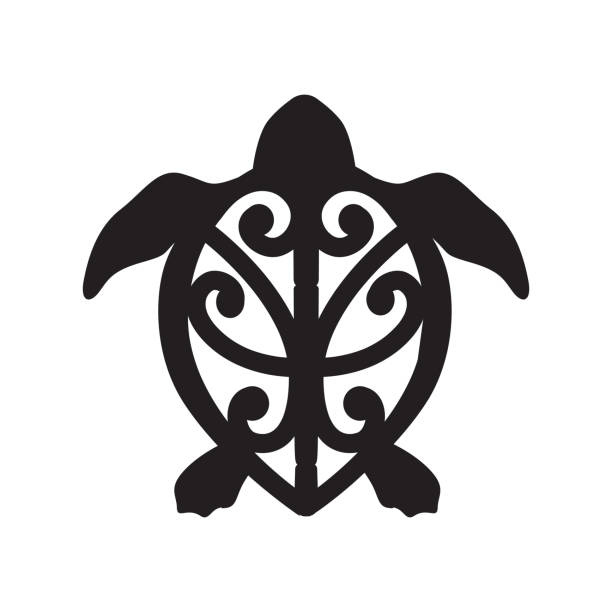 turtle turtle with Maori tattoo shell background of koru designs stock illustrations