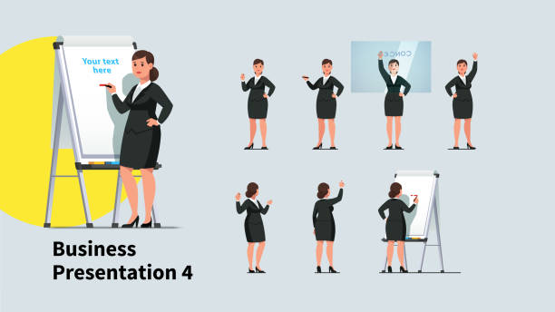 Business teacher woman giving presentation or lecture on a modern flipchart poses set. Businesswoman writing on flip-chart and transparent glass board. Flat vector character illustration collection Business teacher woman giving presentation or lecture on a modern flipchart poses set. Businesswoman writing on flipchart and transparent glass board. Flat vector illustration clip art of how to draw a train stock illustrations
