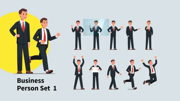 Vector illustration of Set of company representative or speaker poses. Collection of actions and gestures of business man. Manager or businessman standing, giving presentation, celebrating success. Flat vector character illustration collection