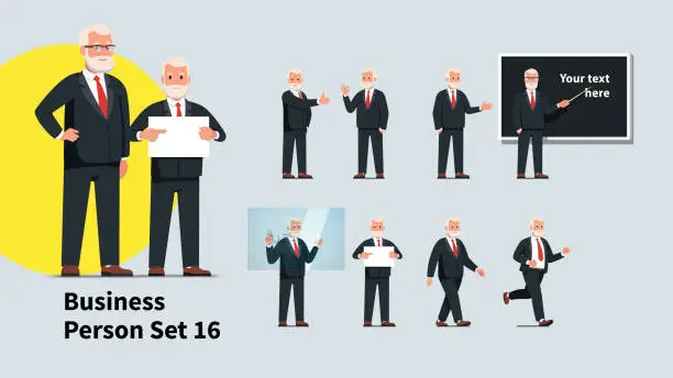 Vector illustration of Set of senior business professor man and teacher speaker poses. Gestures of boss or company representative. Businessman standing, giving presentation and pointing on blackboard. Flat vector character illustration collection