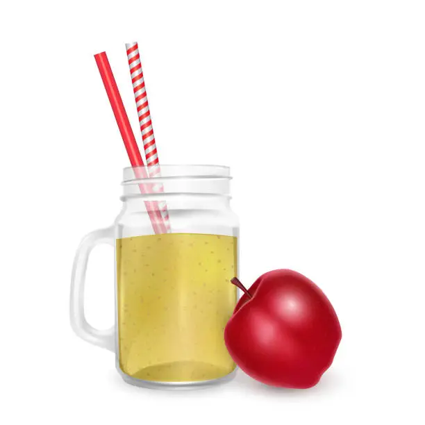 Vector illustration of The jar of smoothies of red apple with striped straw for cocktails isolated on white background for advertising your products drinks in restaurants and cafes.