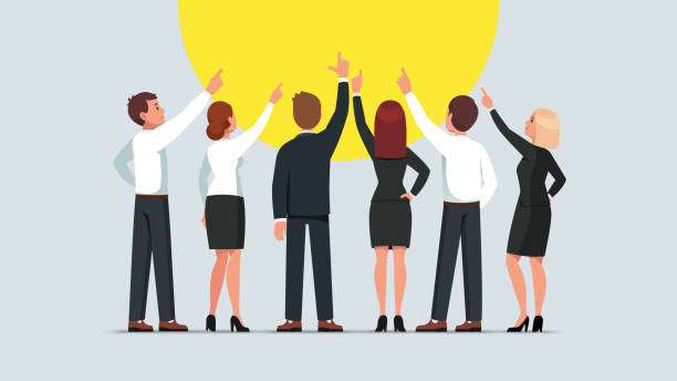 ilustrações de stock, clip art, desenhos animados e ícones de business men and women group standing back to viewer and pointing up. businessman and woman team pointing upwards together. flat vector character illustration - manager portrait leadership men