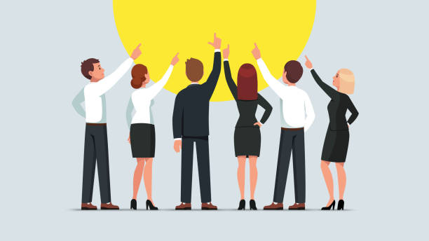Business men and women group standing back to viewer and pointing up. Businessman and woman team pointing upwards together. Flat vector character illustration Business men and women group standing back to viewer and pointing up. Businessman and woman team pointing upwards together. Flat style isolated vector character illustration back illustrations stock illustrations