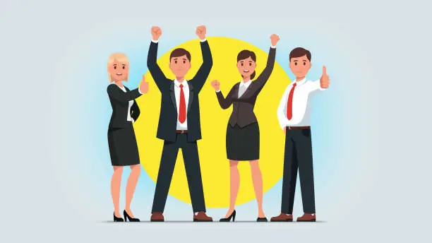 Vector illustration of Business men & women managers team celebrating success achievement. People group standing together raising pumping clenched fists and showing thumbs up gestures. Flat isolated vector character illustration