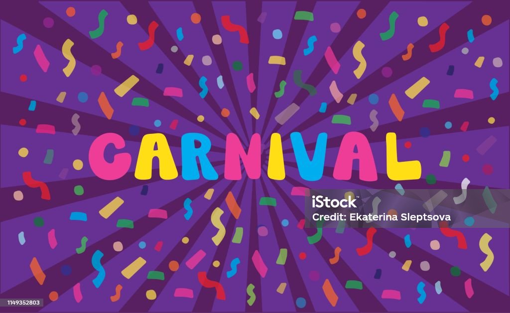 Hand drawn Carnival on violet background with confetti and rays. Hand drawn Carnival on violet background with confetti and rays. Lettering logotype, badge, icon. Party, masquerade poster card, invitation. Vector lettering. Celebration calligraphy banner. Abstract stock vector