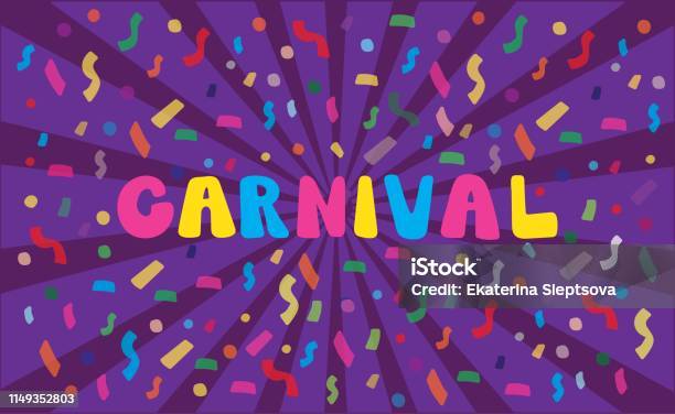 Hand Drawn Carnival On Violet Background With Confetti And Rays Stock Illustration - Download Image Now