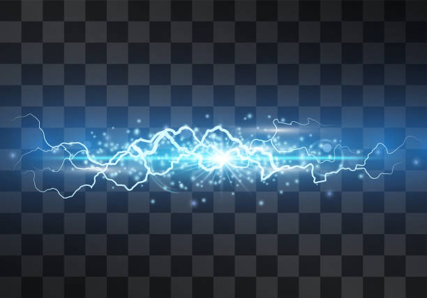 ilustrações de stock, clip art, desenhos animados e ícones de lightning vector light effect. decorative neon blue glowing lighting bolt, electrical discharge on transparent background with magical halo and sparkling stardust. thunderbolt stream. bursting flash. - energy burst