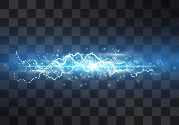 Vector illustration of Lightning vector light effect. Decorative neon blue glowing lighting bolt, electrical discharge on transparent background with magical halo and sparkling stardust. Thunderbolt stream. Bursting flash.
