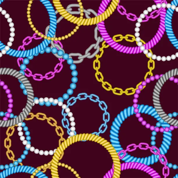 Vector illustration of Chain bracelets and necklaces interlacement vector seamless pattern. Luxurious jewelry golden, silver, multi colored decorations. Elegant fashionable apparel print. Cartoon, festive style background.