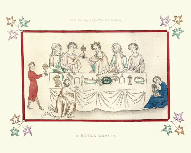 중세 로얄 킹스 연회, 14 세기 - medieval banquet food dinner party stock illustrations