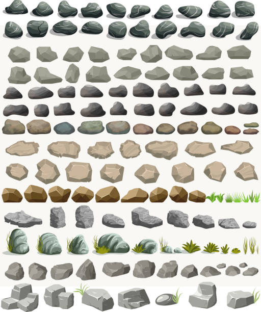 ilustraciones, imágenes clip art, dibujos animados e iconos de stock de piedra de roca conjunto con dibujos animados de césped en estilo plano. vector - roca