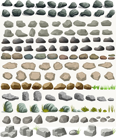 Rock stone set with grass cartoon in flat style. Set of different boulders. Natural stones pile. Vector illustration