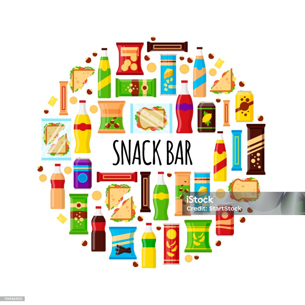 Snack-Produkt im Kreis. Fast-Food-Imbisse, Getränke, Nüsse, Chips, Cracker, Saft, Sandwich für Snack-Bar isoliert auf weißem Hintergrund. Flache Illustration in Vektor - Lizenzfrei Zwischenmahlzeit Vektorgrafik