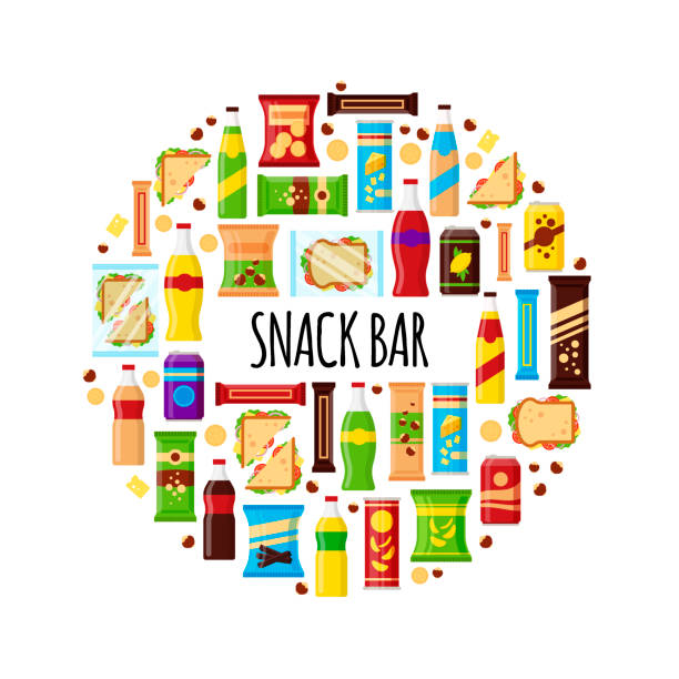 ilustrações de stock, clip art, desenhos animados e ícones de snack product in circle. fast food snacks, drinks, nuts, chips, cracker, juice, sandwich for snack bar isolated on white background. flat illustration in vector - lanchar