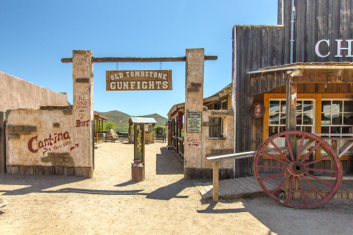 Tombstone, Arizona, USA - May 1, 2019: Wild West style facade of stores in downtown Tombstone Arizona. The notorious Wild West town now depends on tourism and has dubbed itself, \