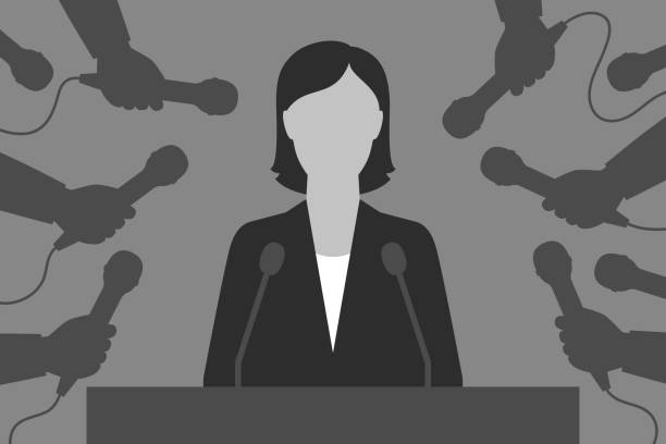 Woman-speaker and reporters. Interview for the media Woman is behind tribune. Hands with microphones are around. Speaker and reporters. Interview for the media question mark people one person silhouette stock illustrations