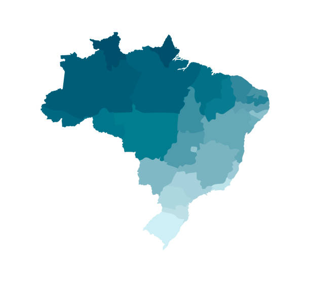 브라질의 단순화 된 관리 지도의 벡터 고립 된 그림. 영역 경계. 컬러풀 블루 카 키 실루엣 - brazil stock illustrations