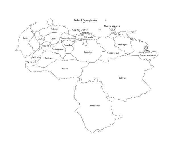 Vector isolated illustration of simplified administrative map of Venezuela. Borders and names of the regions. Black line silhouettes Vector isolated illustration of simplified administrative map of Venezuela. Borders and names of the regions. Black line silhouettes. delta amacuro stock illustrations