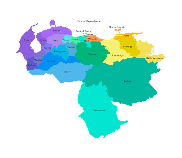 Vector isolated illustration of simplified administrative map of Venezuela. Borders and names of the regions. Multi colored silhouettes Vector isolated illustration of simplified administrative map of Venezuela. Borders and names of the regions. Multi colored silhouettes. delta amacuro stock illustrations