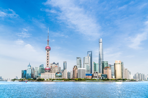 Panorama of the skyline of Shanghai, China, with the iconic buildings