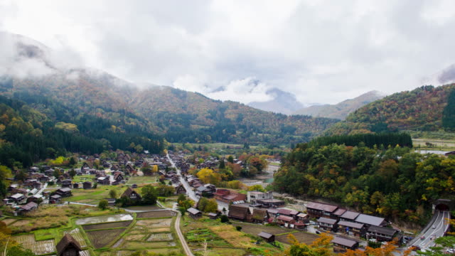 4K timelapes wide shot Shirakawago village, Decorative fountain japanese style and house Gifu prefecture, Japan