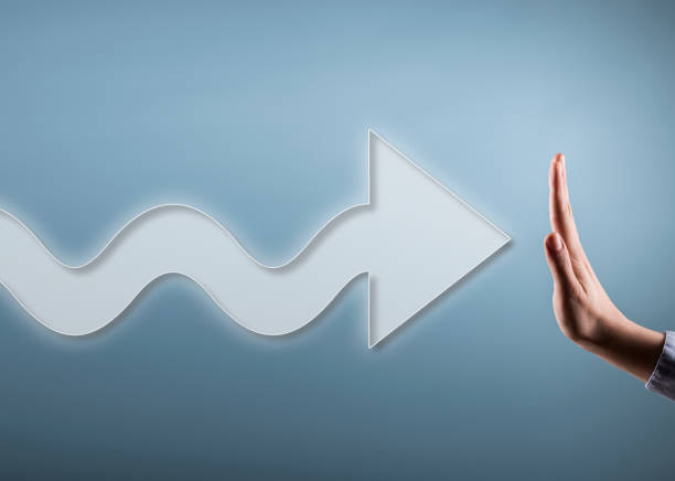 ARROW SIGN with hand stop sign / Blue background touch screen concept (Click for more)