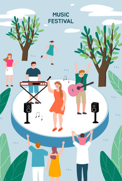 Music Festival Poster template for outdoor festival. Flat cartoon colorful vector illustration. korea singer stock illustrations