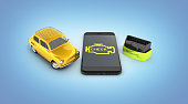 Car diagnostic concept Close up of OBD2 wireless scanner with smartphone and retro car on blue gradient background 3d illustration