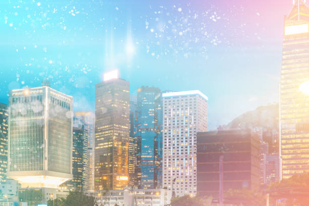 istock Abstract colorful circular bokeh with city background. Double exposure 1149383060