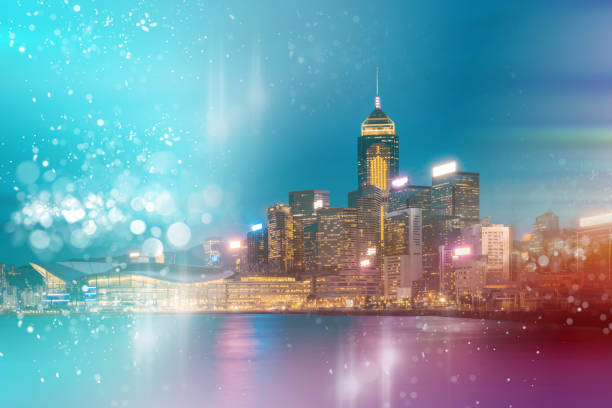 istock Abstract colorful circular bokeh with city background. Double exposure 1149383064