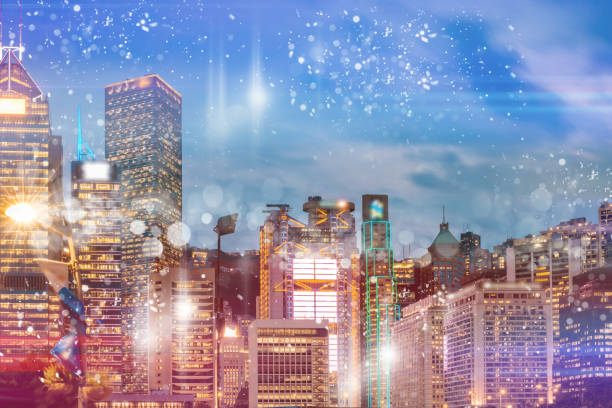 istock Abstract colorful circular bokeh with city background. Double exposure 1149383079
