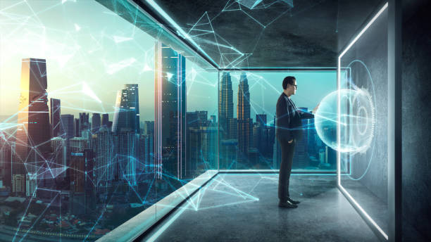 istock Businessman in suit working with virtual 3d holographic interface screens . 1149383889