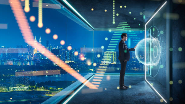 istock Businessman in suit working with virtual 3d holographic interface screens . 1149383933