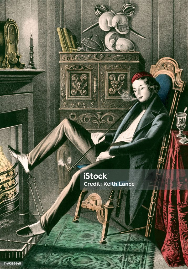 The Bacehelor Vintage illustration features a portrayal of the carefree male bachelor lounging in his living room smoking a pipe by the fireplace. Playboy stock illustration