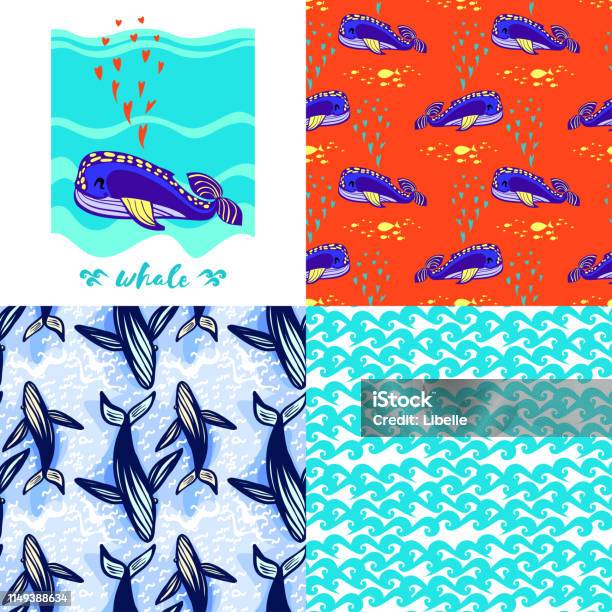 Set Whale Seamless Pattern Textile Or Fabric Print Pattern Wallpaper Background Character Design Whale Wild Animal Vector Illustration Hand Drawn Style Stock Illustration - Download Image Now