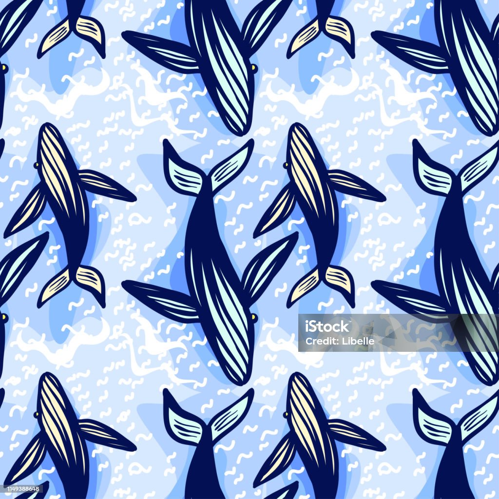 Whale seamless pattern, textile or fabric print pattern, wallpaper background, wild animal, vector illustration, hand drawn style. Animal stock vector