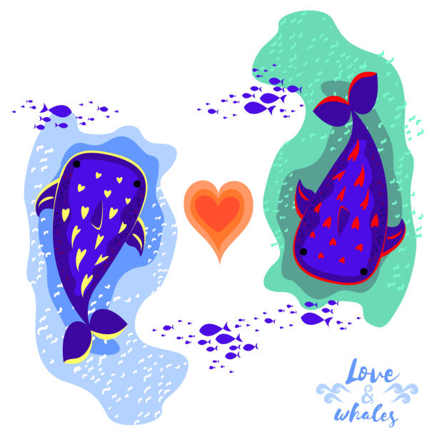 istock Two cute whales with heart between, school fish around, character design, wild animal, underwater life, sign love and whales, valentine's day card, vector illustration. 1149388658