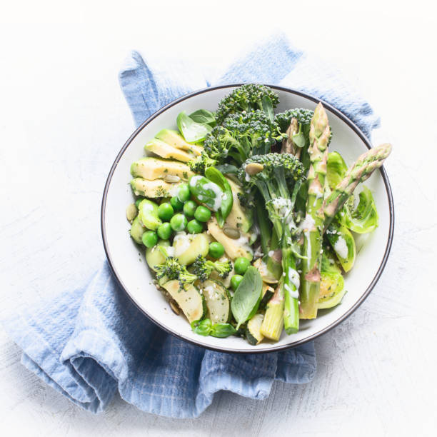 Vegan detox Buddha bowl with Green vegetables.